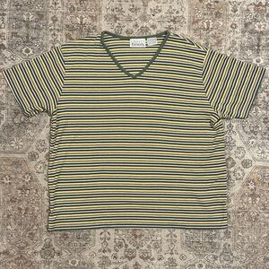Basic Editions Green and Yellow Striped V-neck Short Sleeve Tee